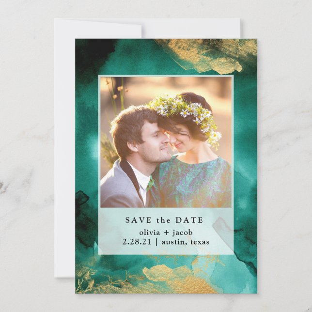 Emerald Glamour | Aquarell und Gold - Foto Save The Date (Vorderseite)