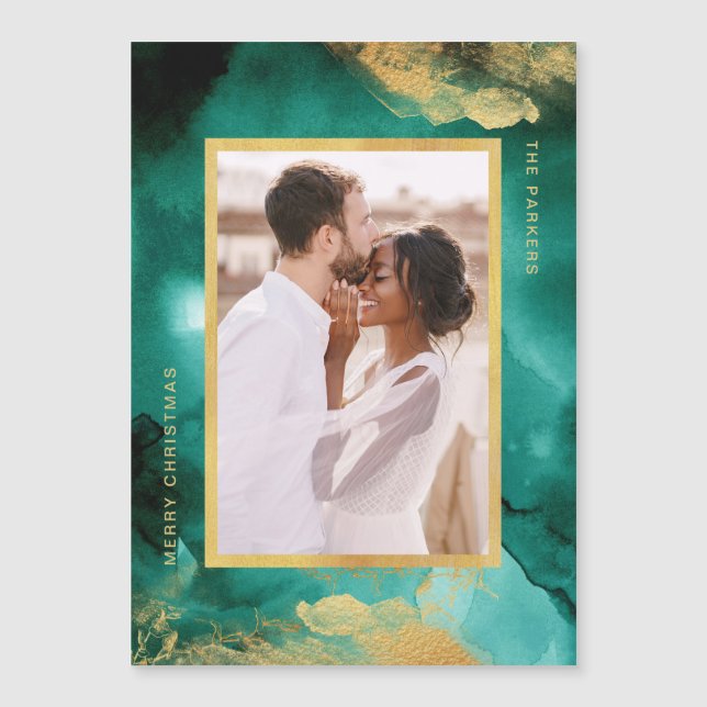Emerald Glamour | Foto Watercolor Weihnachten Magnetkarte (Vorderseite)
