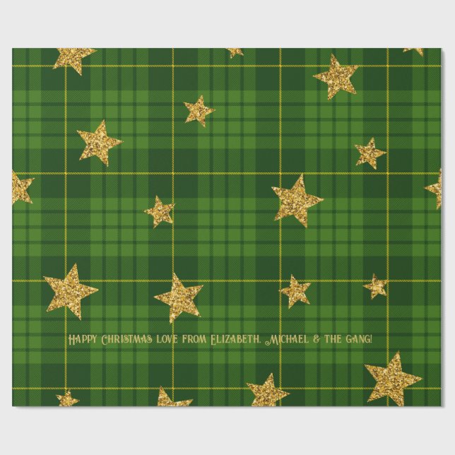 Emerald Glow Tartan Gold Star Personalisiert Xmas Geschenkpapier (Flach)