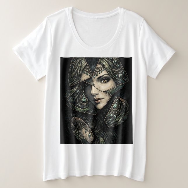 Emerald Goddess Stained Glass Portrait Art Große Größe T-Shirt (Design vorne)