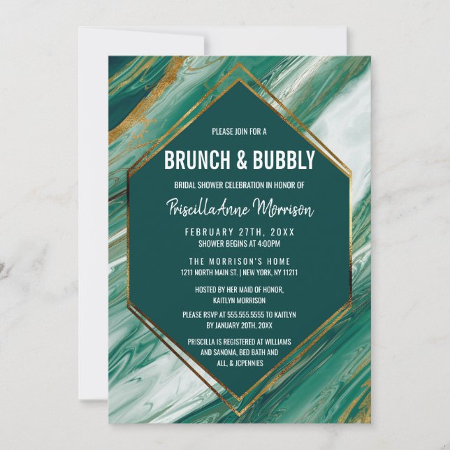 Emerald Gold Abstrakt Agate Marble Brunch Bubbly Einladung (Vorderseite)