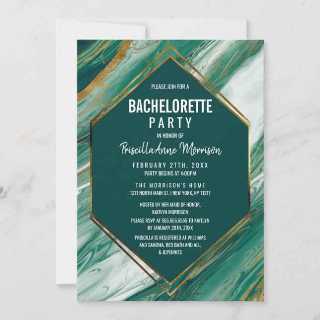 Emerald Gold Abstrakt Agate Marmor Bachelorette Einladung (Vorderseite)