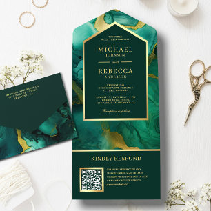 Emerald Gold Abstrakt Fluid Ink QR Code Wedding All In One Einladung