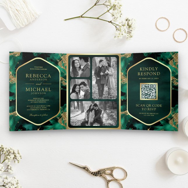 Emerald Gold Abstrakt Fluid Ink QR Code Wedding Dreifach Gefaltete Einladung (Von Creator hochgeladen)