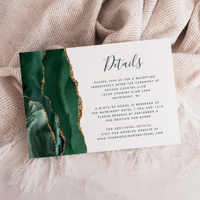 Emerald Gold Agate Green Script Wedding Details Begleitkarte (Von Creator hochgeladen)