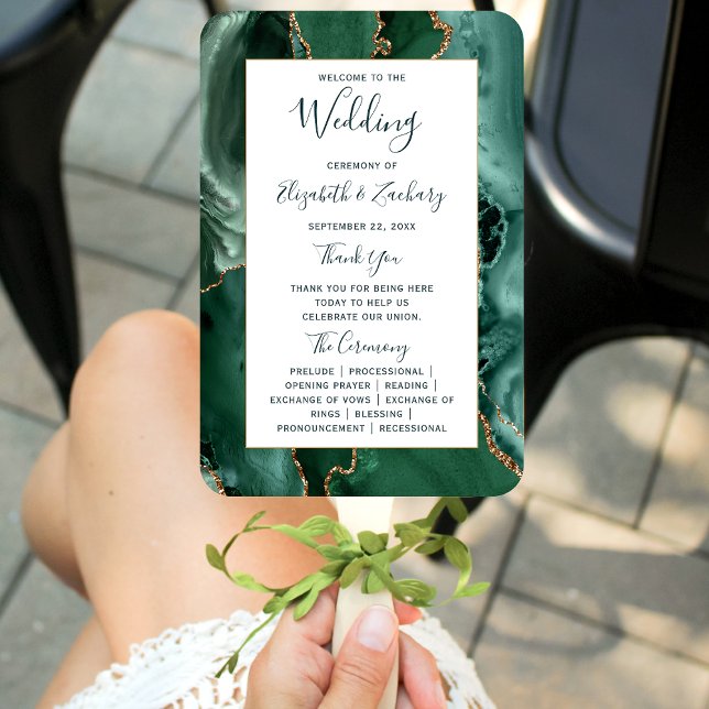Emerald Gold Agate Green Script Wedding Program Fächer (Von Creator hochgeladen)