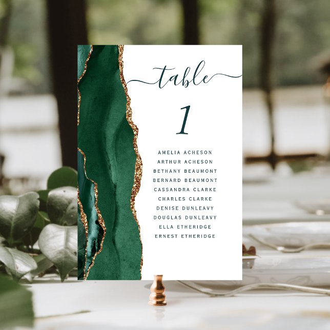 Emerald Gold Agate Green Script Wedding Tischnummer (Von Creator hochgeladen)