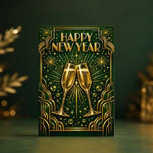 Emerald-Gold-Art-Deco-Champagner-Feier Feiertagskarte