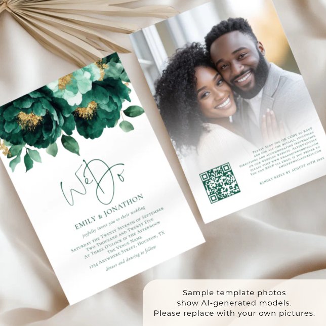 Emerald Gold Blume Foto QR Code Hochzeit Einladung (Von Creator hochgeladen)