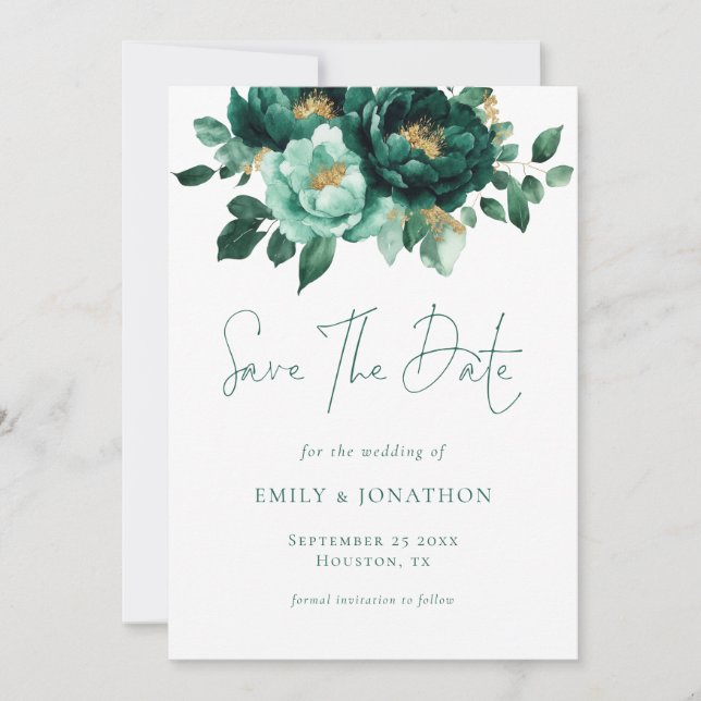 Emerald Gold Blume QR Code Hochzeit Save The Date (Vorderseite)
