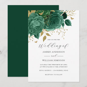 Emerald-Gold-Blumen-Rosen-Hochzeit Einladung