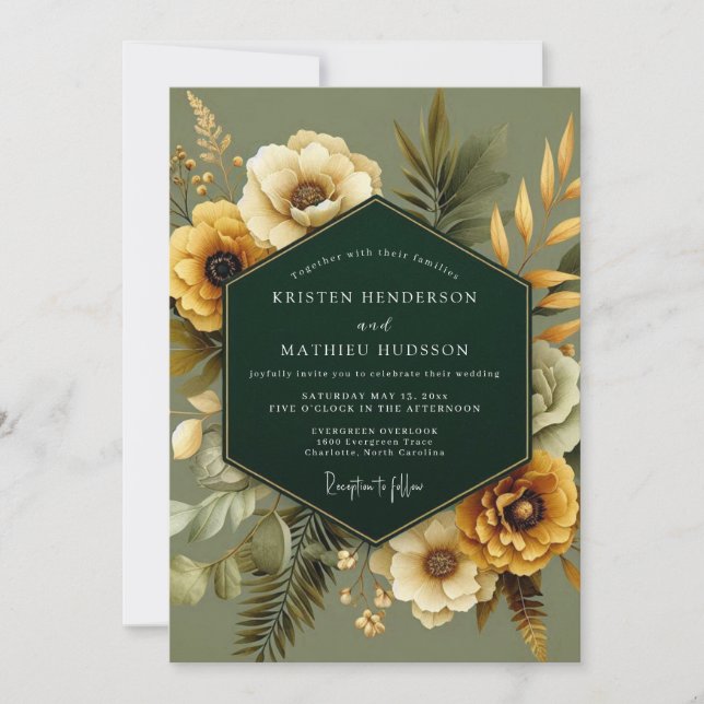 Emerald Gold Botanical Wedding Einladung (Vorderseite)