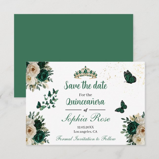 Emerald Gold Butterfly Tiara Quinceañera Save Date Save The Date (Vorne/Hinten)