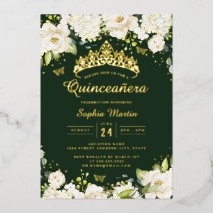 Emerald Gold Champagne Floral Quinceanera Folieneinladung