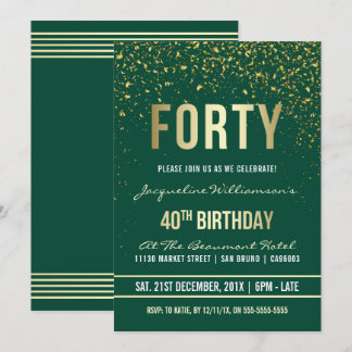 Emerald | Gold Confetti 40. Geburtstag Party Einladung