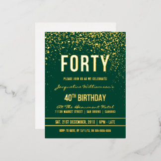 Emerald | Gold Confetti 40. Geburtstag Party Folie Einladungspostkarte