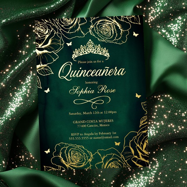 Emerald Gold Crown Rose Theme Quinceanera Folieneinladung (Von Creator hochgeladen)