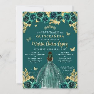 Emerald Gold Floral Butterfly Princess Quinceanera Einladung