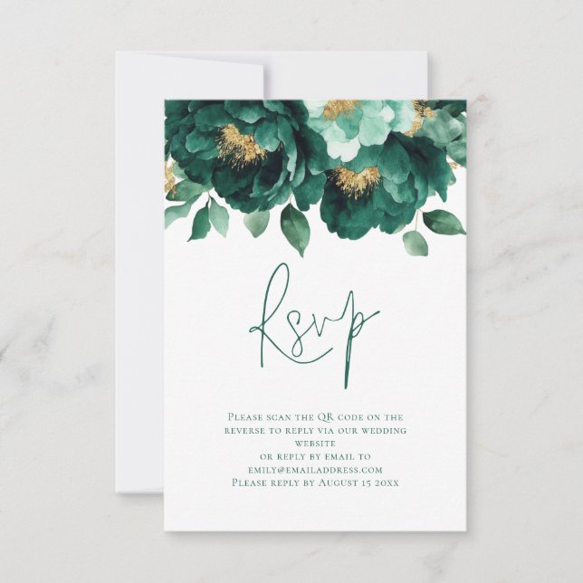 Emerald Gold Florals Script QR Code Wedding RSVP Karte (Vorderseite)