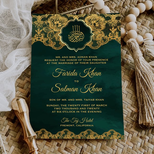 Emerald Gold Foil Lace Islamische Hochzeit Einladung (Von Creator hochgeladen)