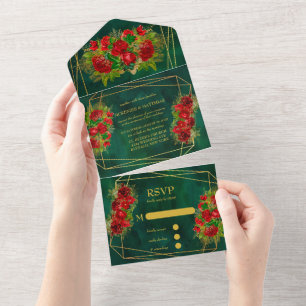 Emerald Gold Geometric Red Floral Wedding All In One Einladung