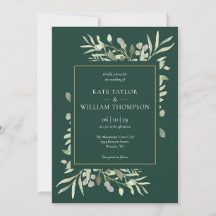 Emerald Gold Green Foliage Wedding Einladung