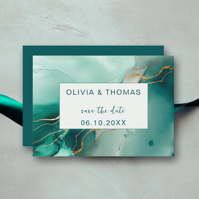 Emerald Gold Modern Simple Beach Wedding Rett Date Einladung (modern minimalist emerald green gold wedding save the date beach summer elegant bohemian romantic)