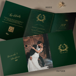 Emerald & Gold Monogrammfoto QR-Code RSVP Details Dreifach Gefaltete Karte
