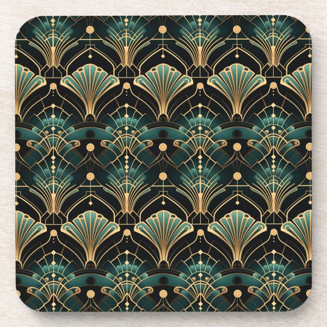 Emerald Gold Tones Art Deco inspiriert Lüfter Getränkeuntersetzer (Vorderseite)