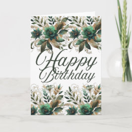 Emerald Gold Watercolor Floral Happy Birthday Gree Karte
