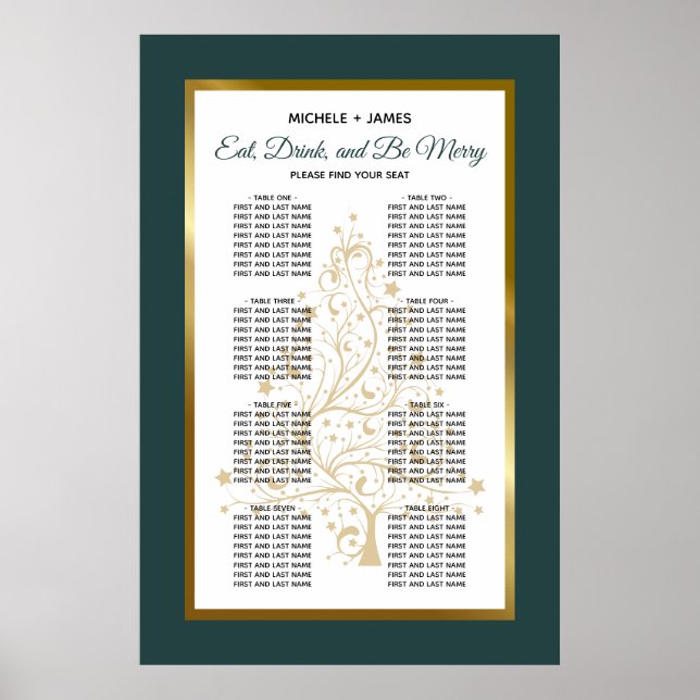 Emerald Gold Winter Wedding Chart Poster (Vorne)
