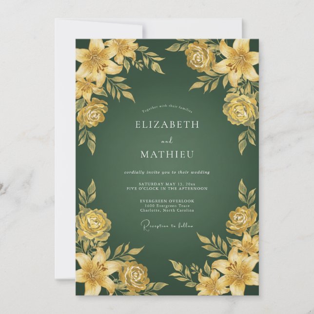 Emerald Golden Bloom Hochzeit Einladung (Vorderseite)