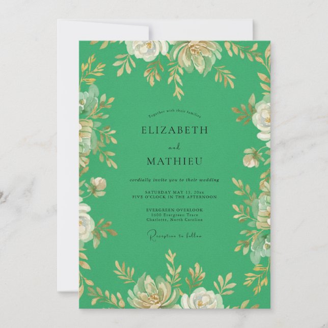 Emerald Golden Petals Hochzeit Einladung (Vorderseite)