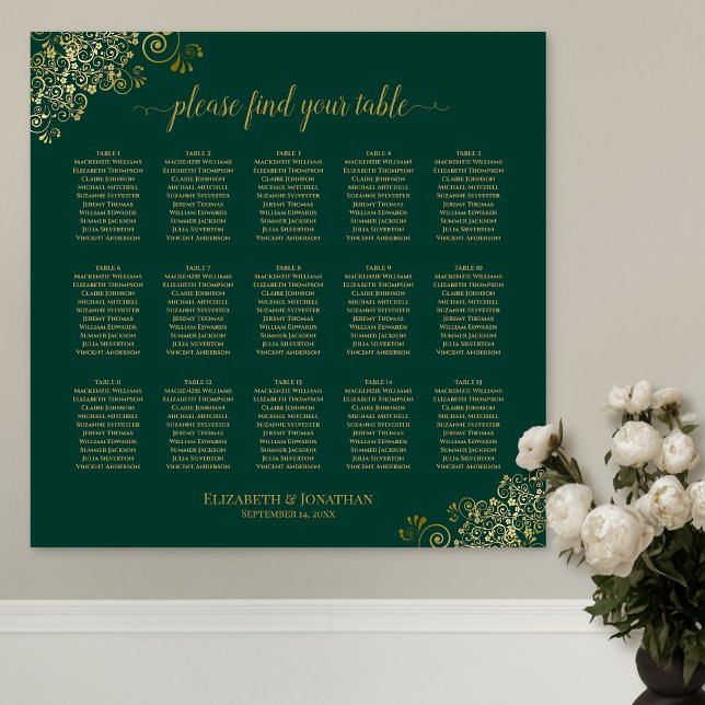 Emerald Green 15 Table Wedding Seating Chart Gold Poster (In Situ on Wall)
