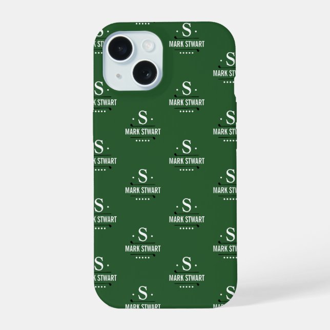 Emerald Green 1-initialer Golfer Monogram Allover iPhone 15 Hülle (Rückseite)
