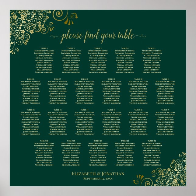 Emerald Green 22 Table Wedding Seating Chart Gold Poster (Vorne)