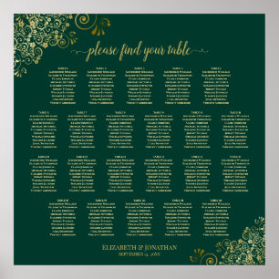 Emerald Green 22 Table Wedding Seating Chart Gold Poster
