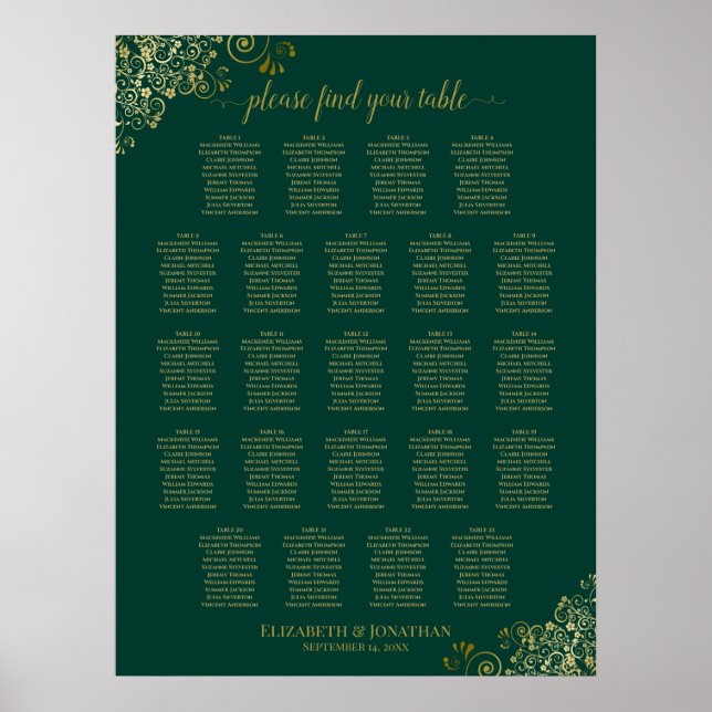 Emerald Green 23 Table Wedding Seating Chart Gold Poster (Vorne)