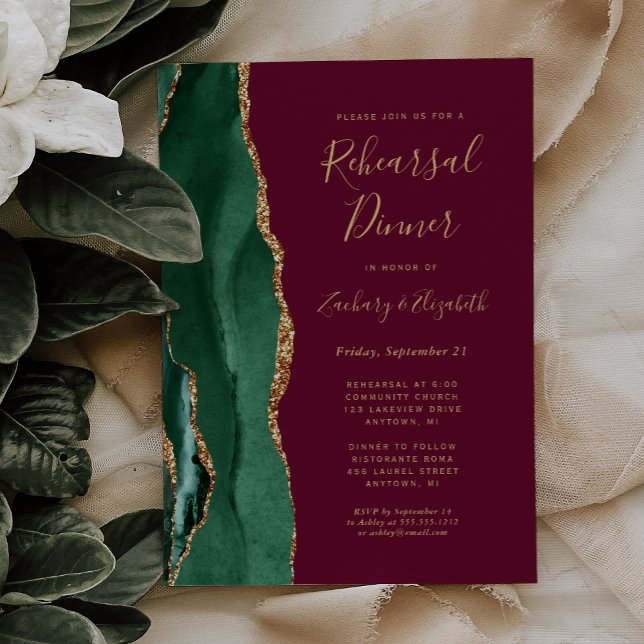 Emerald Green Agate Burgundy Probe Dinner Einladung (Von Creator hochgeladen)