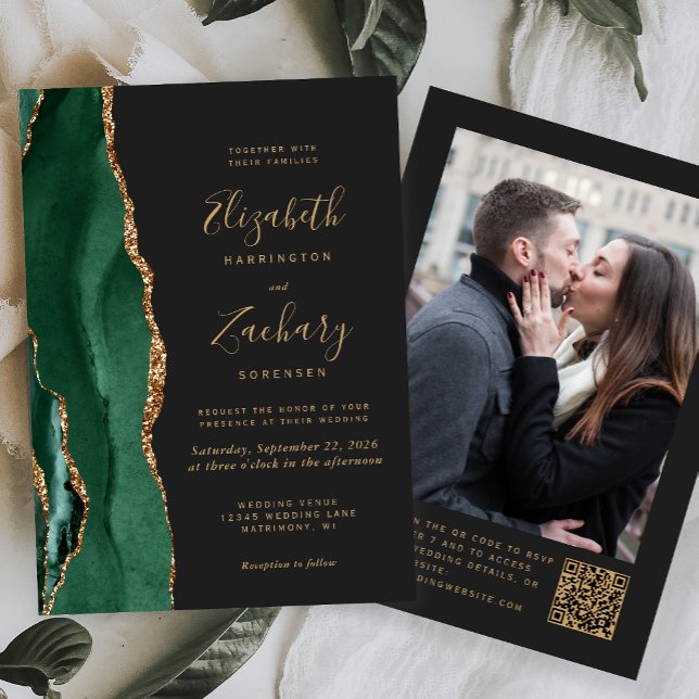 Emerald Green Agate Dark Foto QR Code Wedding Einladung (Von Creator hochgeladen)