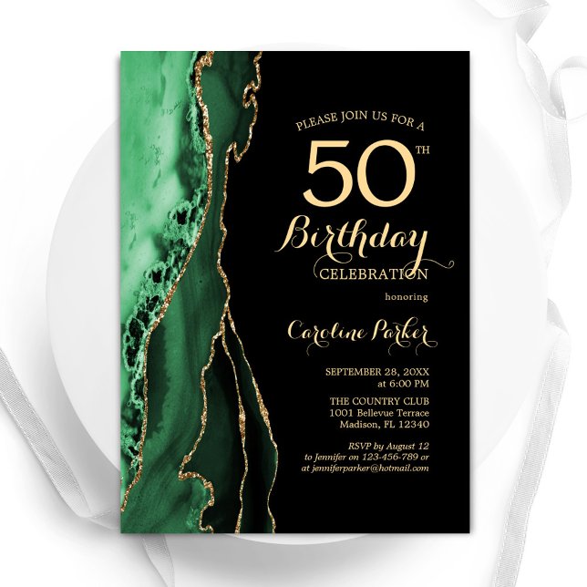 Emerald Green Agate Gold Black 50. Geburtstag Einladung (Von Creator hochgeladen)