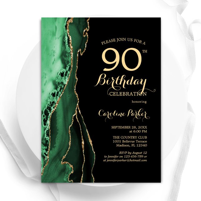Emerald Green Agate Gold Black 90. Geburtstag Einladung (Von Creator hochgeladen)