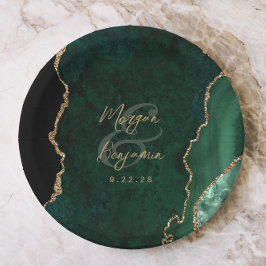 Emerald Green Agate Gold Script Wedding Pappteller