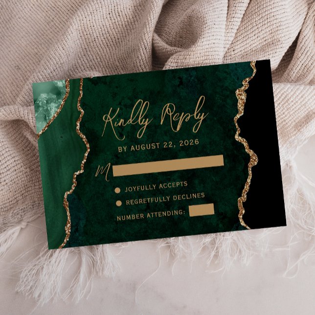 Emerald Green Agate Gold Script Wedding RSVP Karte (Von Creator hochgeladen)