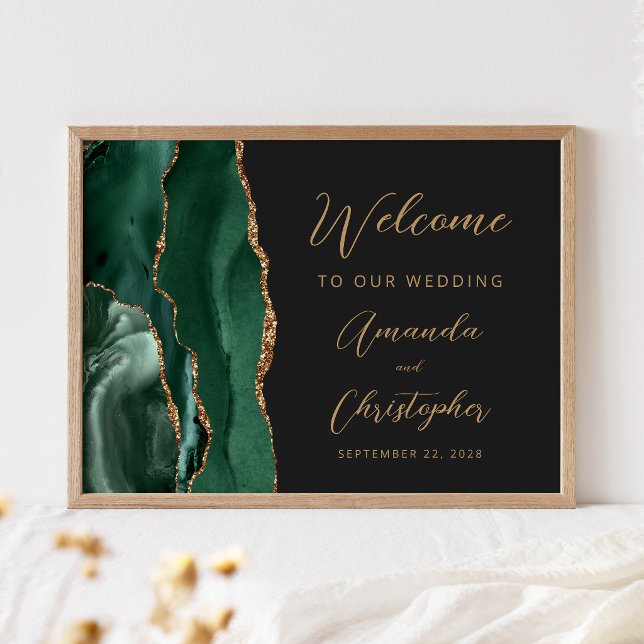 Emerald Green Agate Gold Script Wedding Welcome Poster (Von Creator hochgeladen)