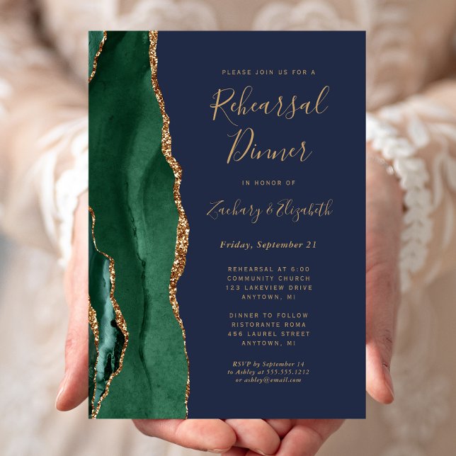 Emerald Green Agate Navy Hochzeitsessen Probe Einladung (Von Creator hochgeladen)