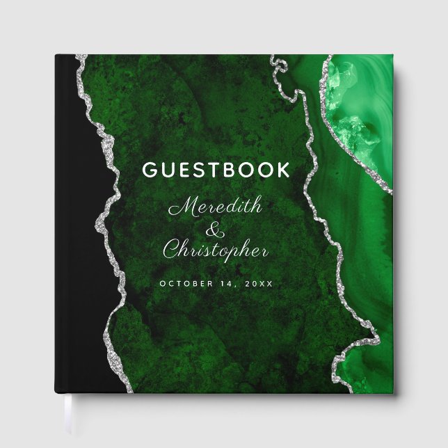 Emerald Green Agate Wedding Silver Gästebuch (Vorderseite)