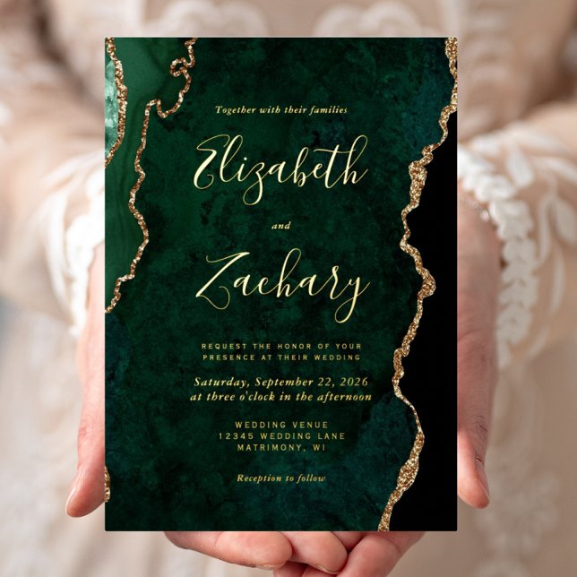 Emerald Green Agate Whimsical Script Wedding Folieneinladung (Von Creator hochgeladen)