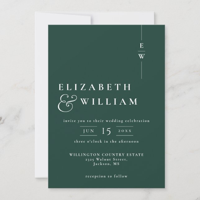Emerald Green All in one Modern Monogram Wedding Einladung (Vorderseite)