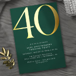 Emerald Green and Gold | Elegant 40th Birthday Folieneinladung<br><div class="desc">Modern style 40th birthday invitations with heading "40" text in real metallic foil. Your event details are printed in matte white. Gold accents on emerald green.</div>